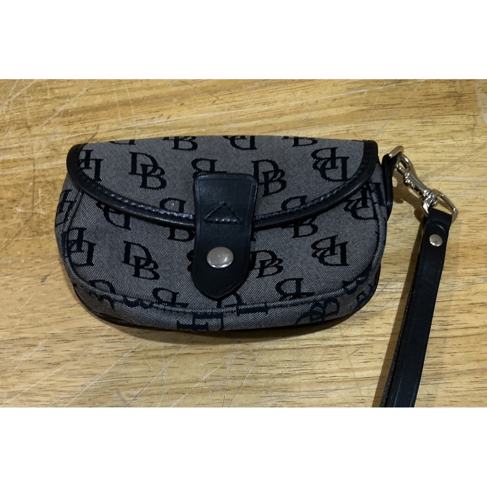 Dooney & Bourke Logo Navy Blue Wristlet Canvas with‎ Leather Trim 6x3.5"